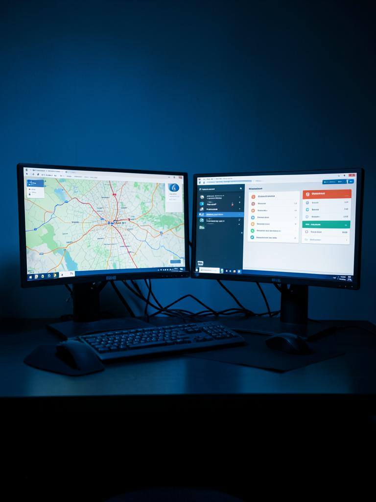 Operations desk with monitors showing patrol maps and incident reporting dashboards