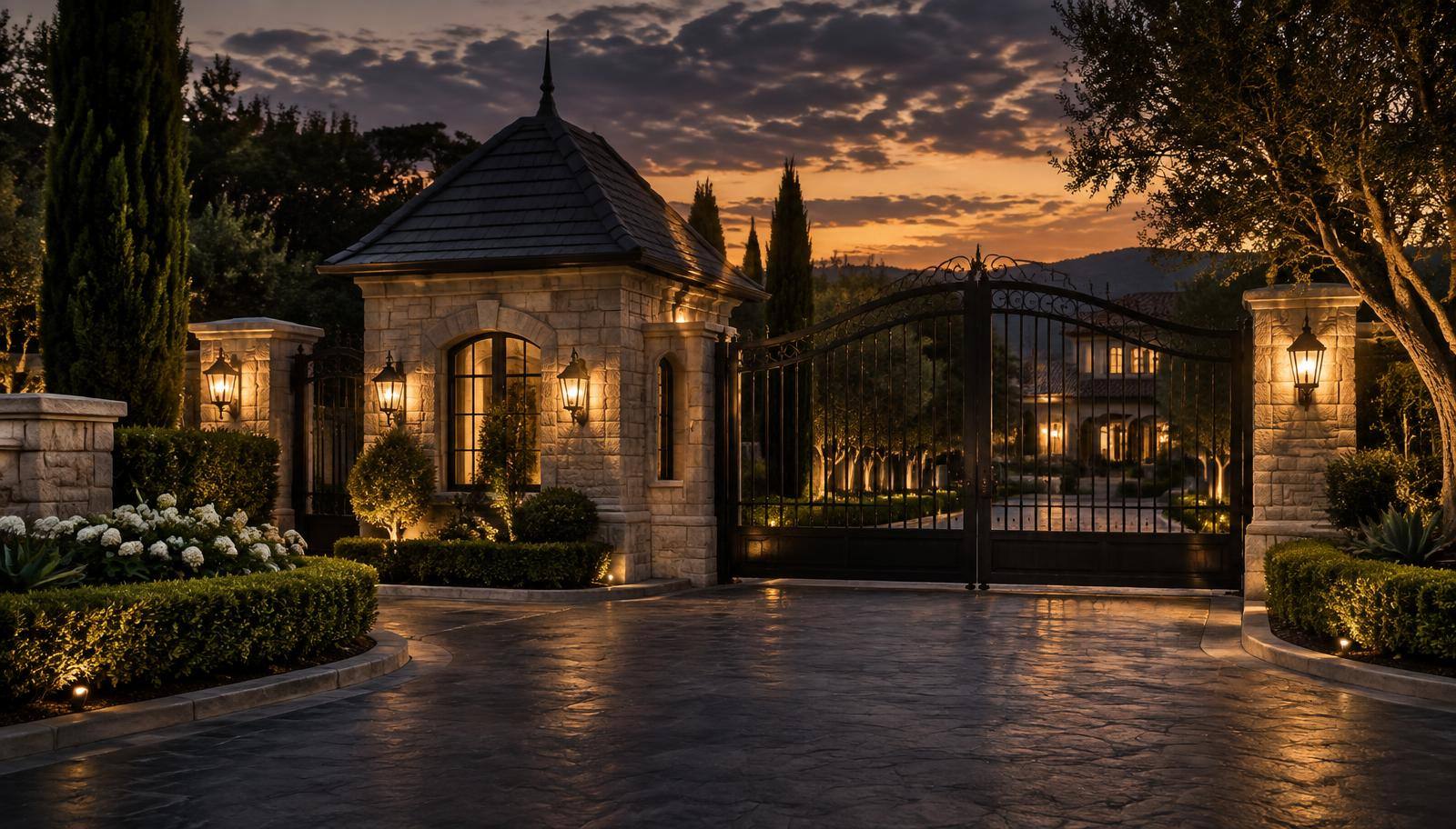 Illuminated stone gatehouse and wrought-iron entrance gate of a gated community at dusk