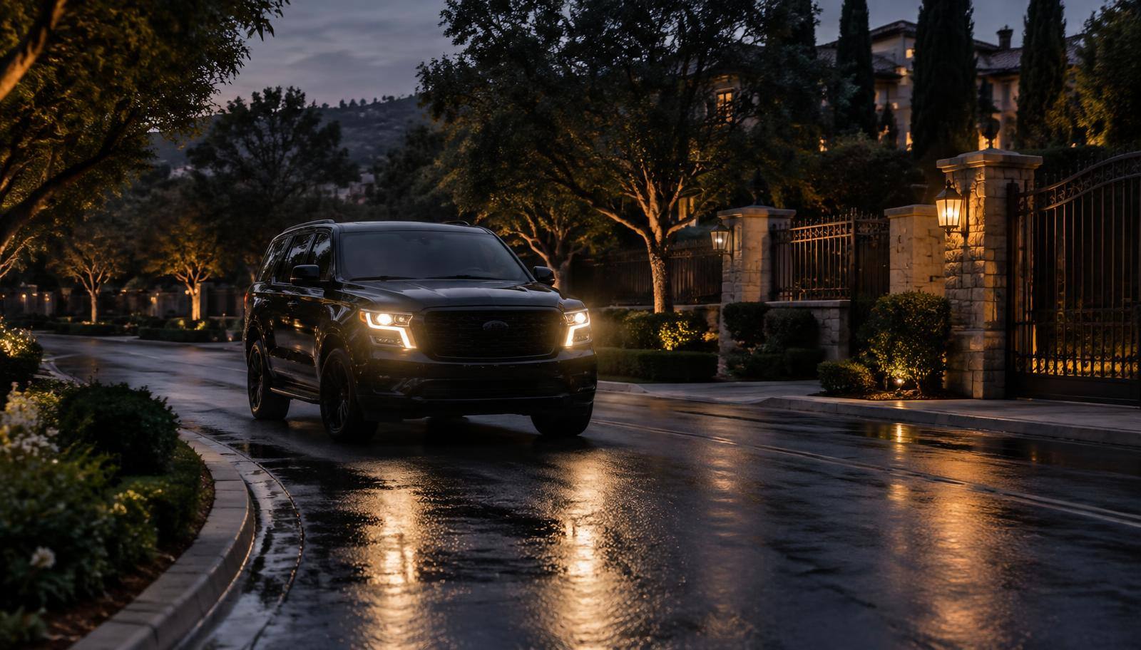 Patrol vehicle driving a tree-lined street inside a gated community at blue hour