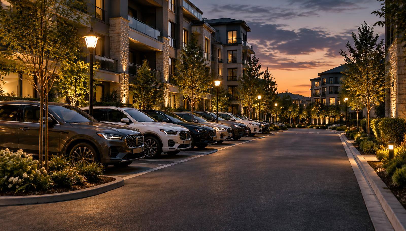 Cars parked along the curb of a condominium community in the evening