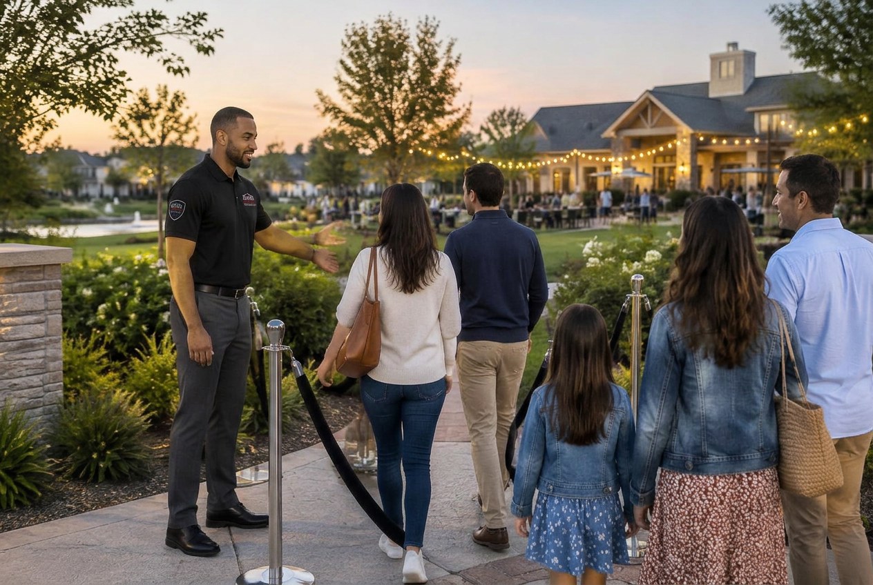 Unarmed security officer helping residents enter a community event