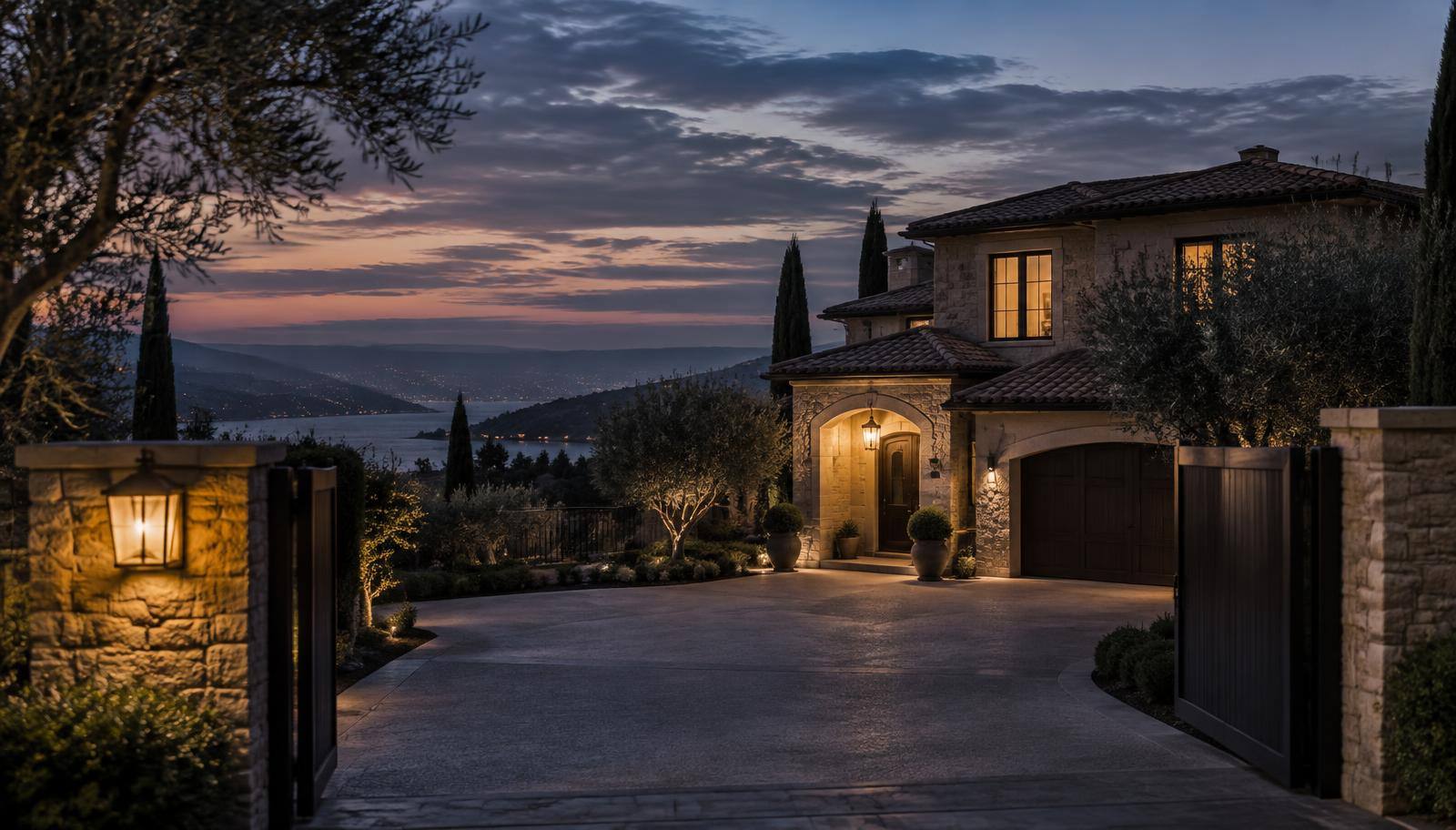 Quiet luxury home in a gated community at twilight with a single porch light on