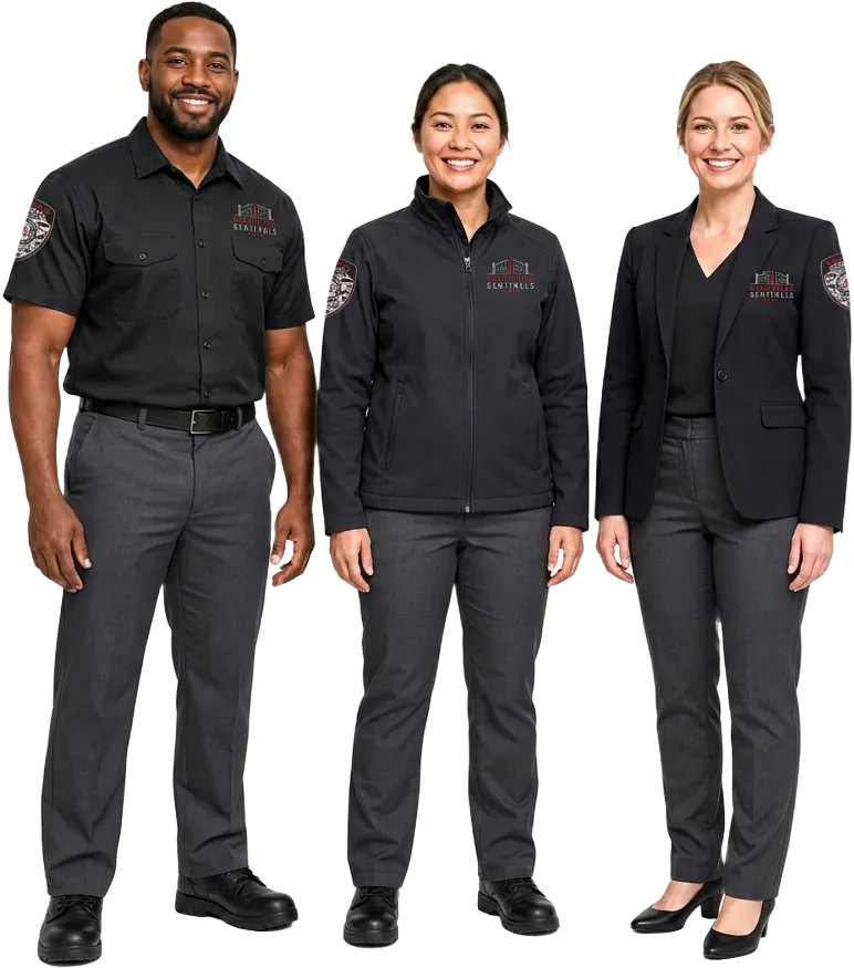 Three Executive Sentinels community security professionals standing together in uniform